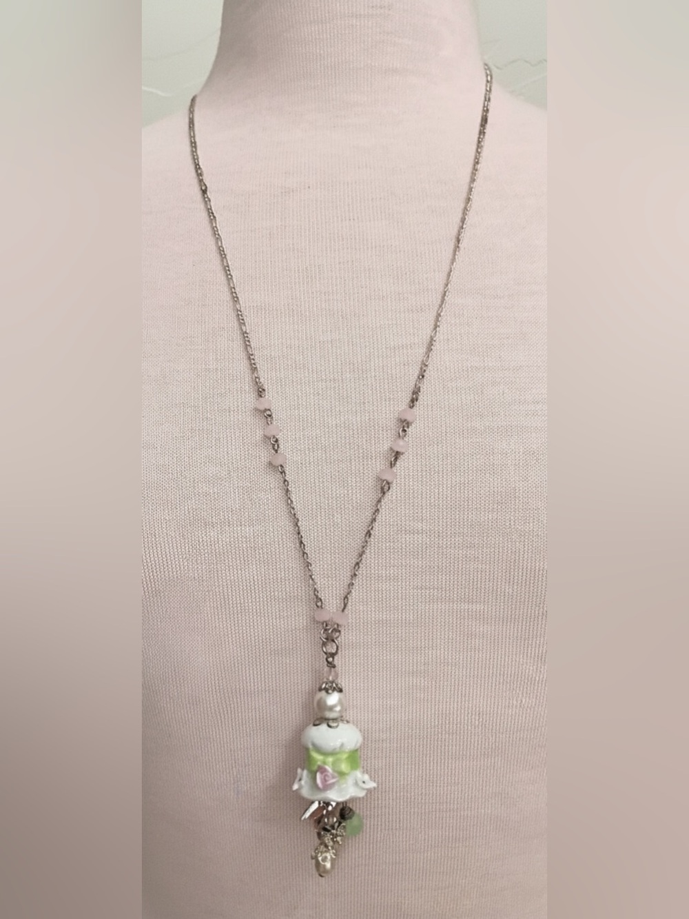 Whimsical Porcelain Floral Charm Necklace Bird Heart Pearl Long Pendant